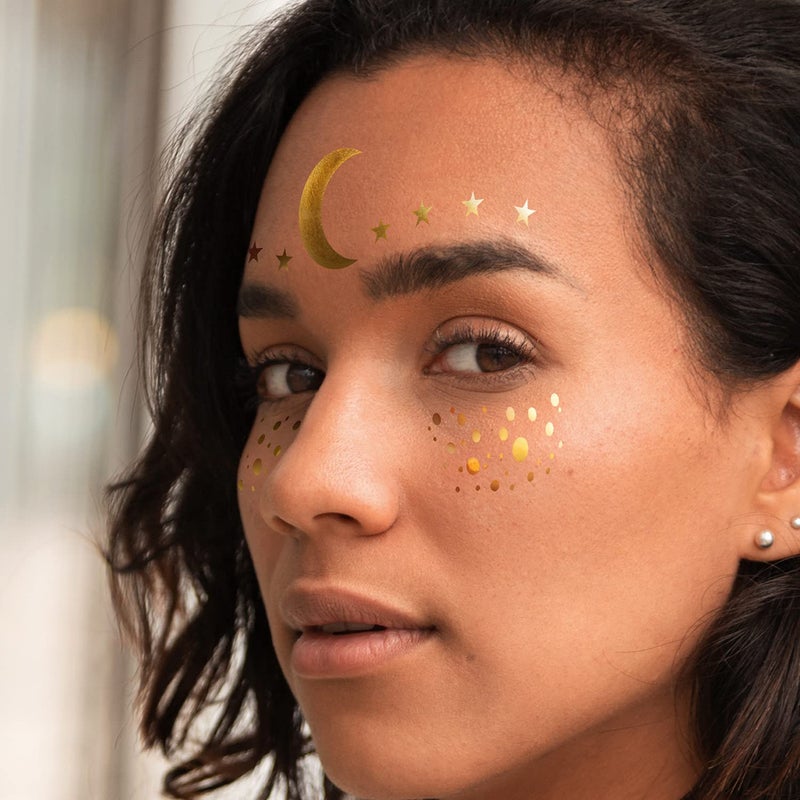 LINGPAR 3 Sheets Face Tattoo Sticker Metallic Shiny Temporary Water Transfer Tattoo for Professional Make Up Dancer Costume Parties, Shows Gold Glitter - Image 3